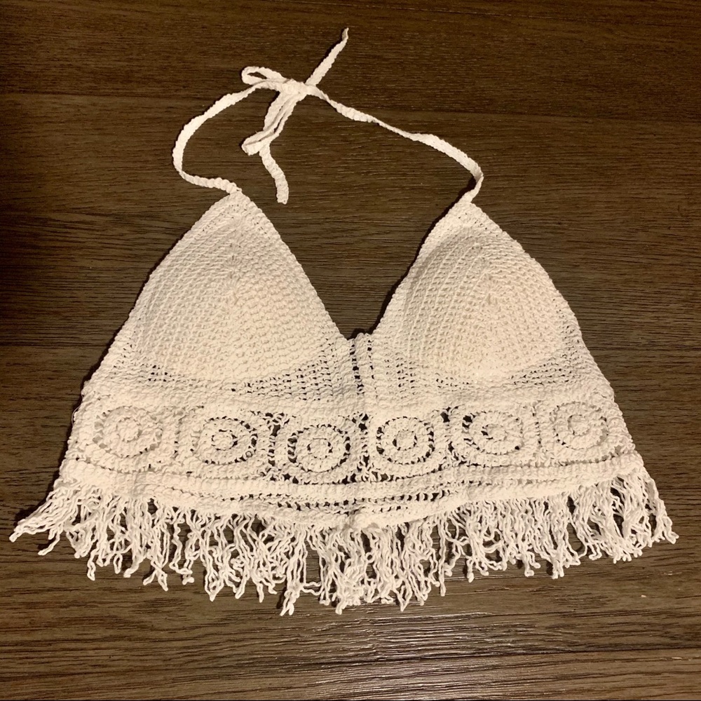 White Fringe Hem Open Back Halter Crochet Top